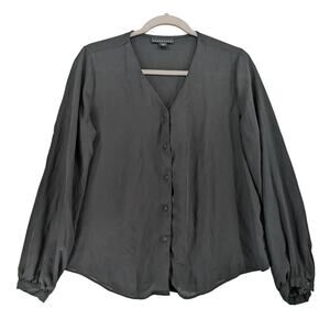 Attention Button Up Blouse M Black Balloon Sleeve VNeck Relaxed Fit‎ Workwear